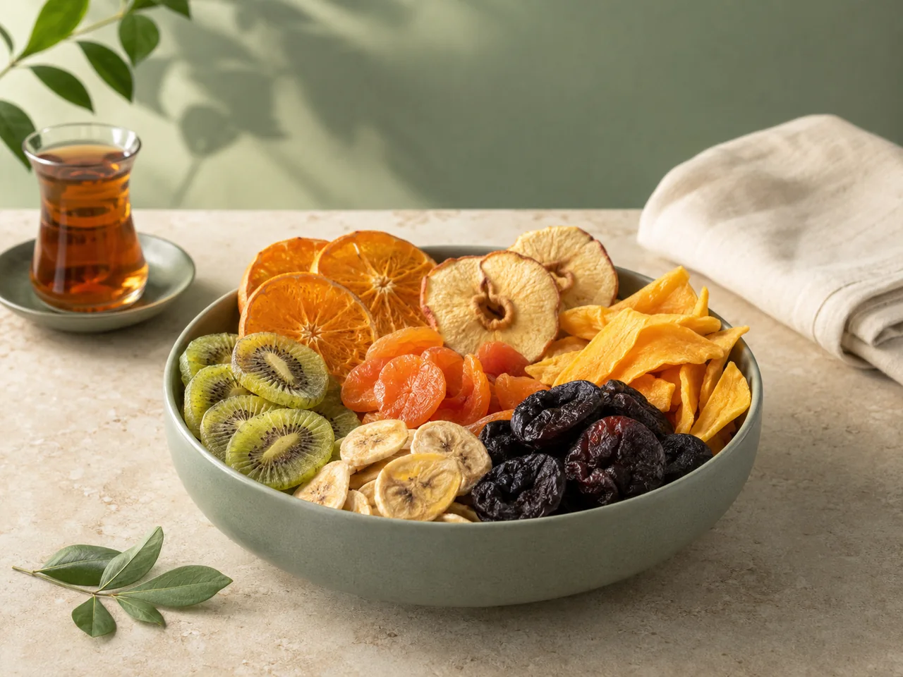 A colourful bowl of Narmila dried fruit served with tea