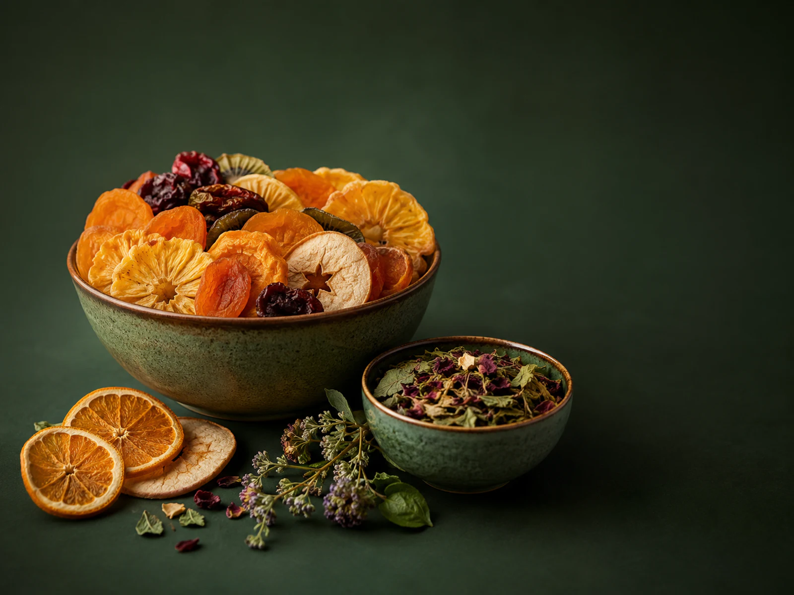 A bowl of colourful dried fruit and dried herbs on a dark green background