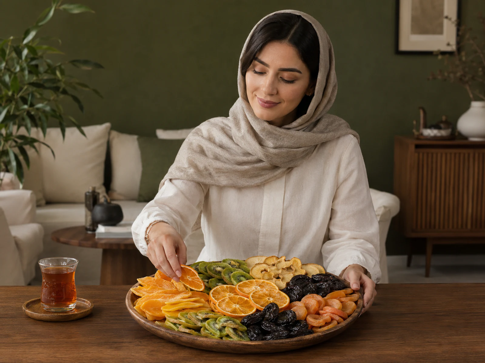 An elegant arrangement of dried fruit served with tea