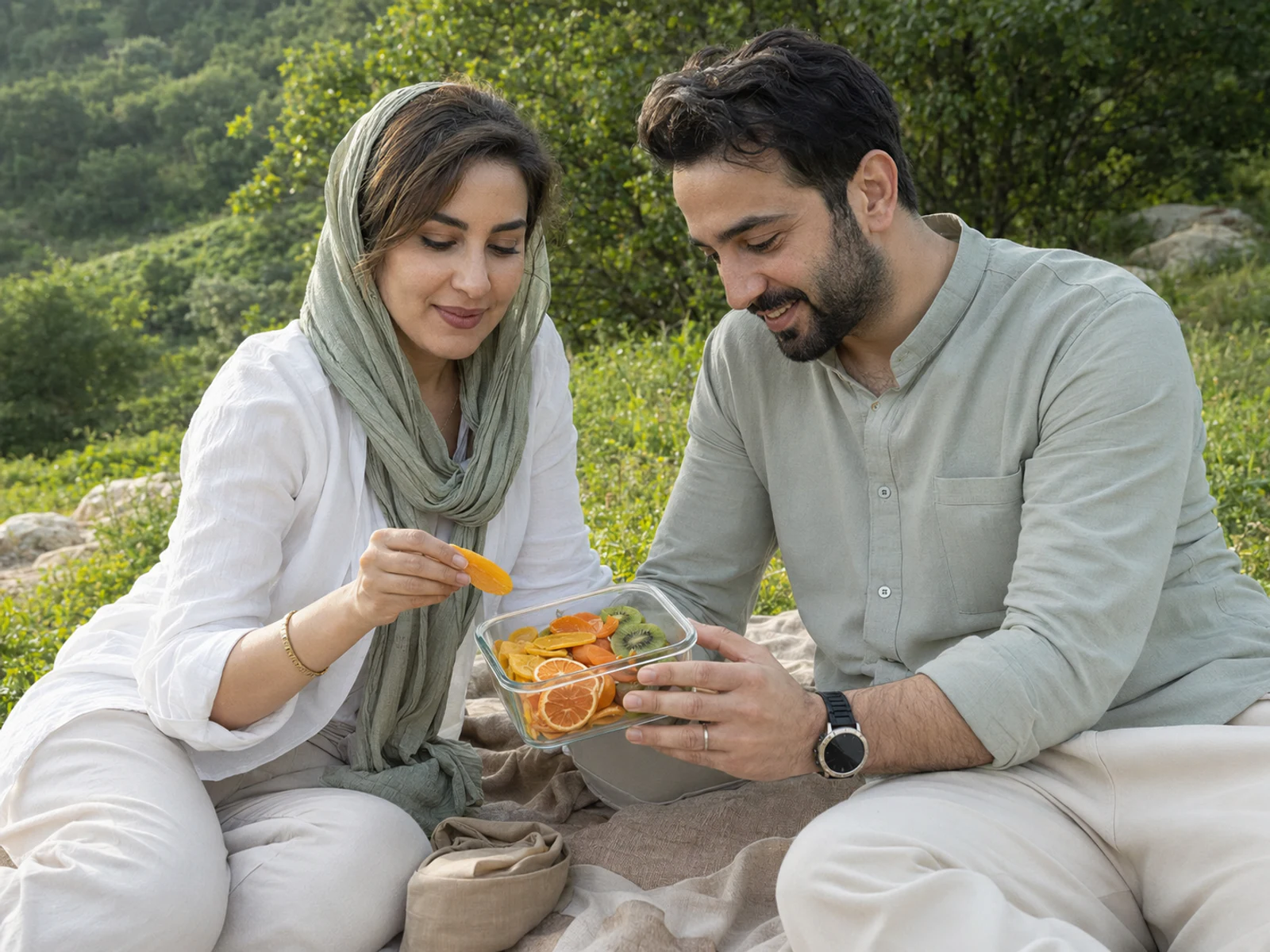 A couple in nature with a bowl of dried fruits as a travel snack