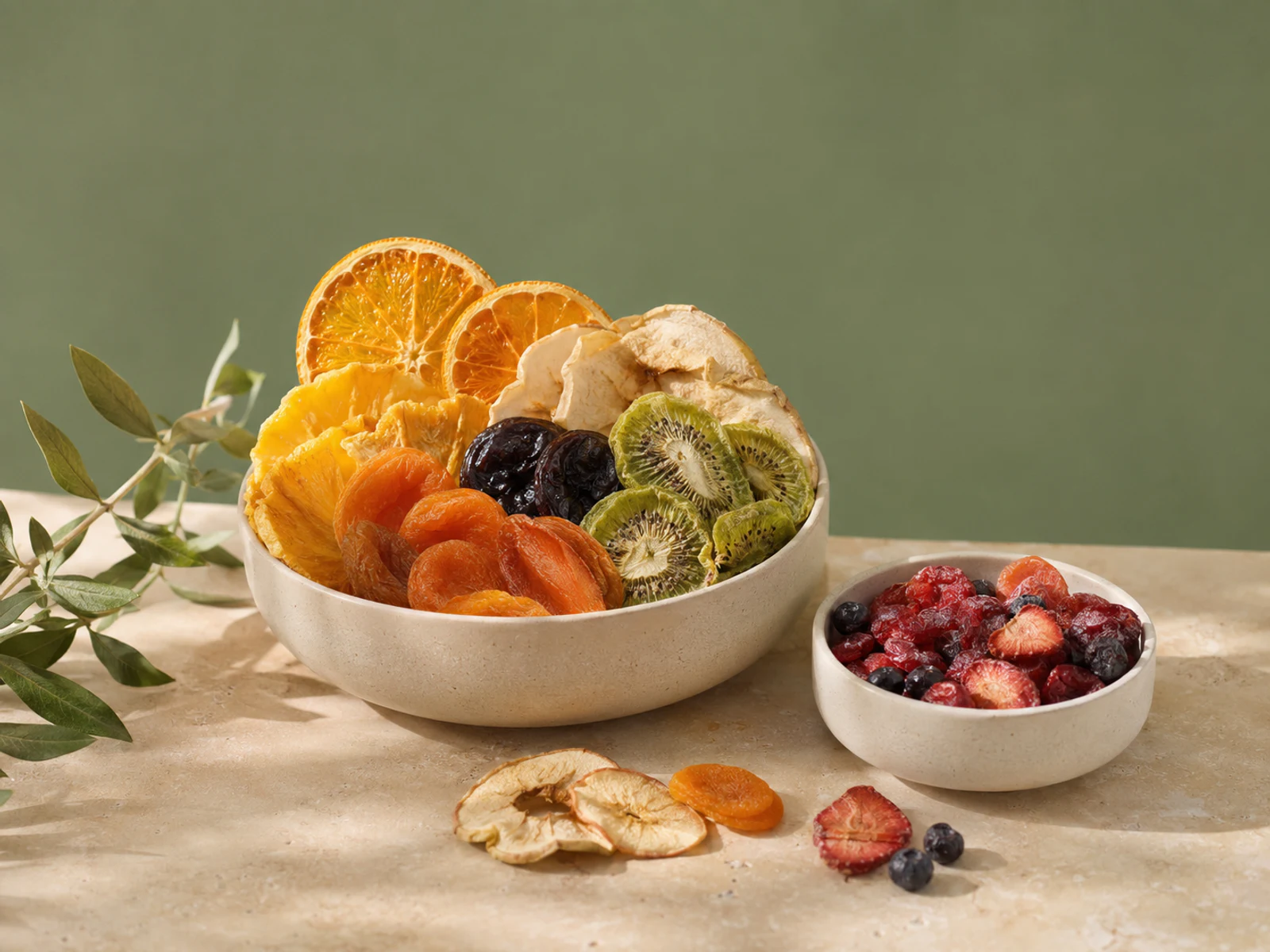 A colourful assortment of dried fruits in ceramic bowls