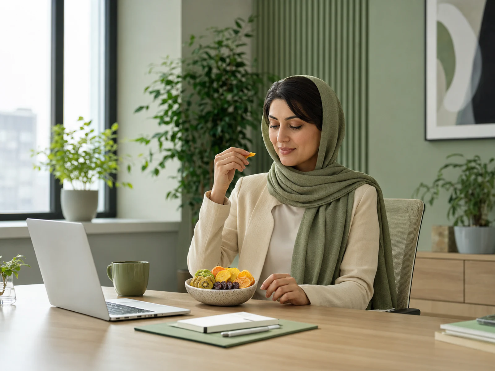 A woman at work enjoying dried fruit as a snack